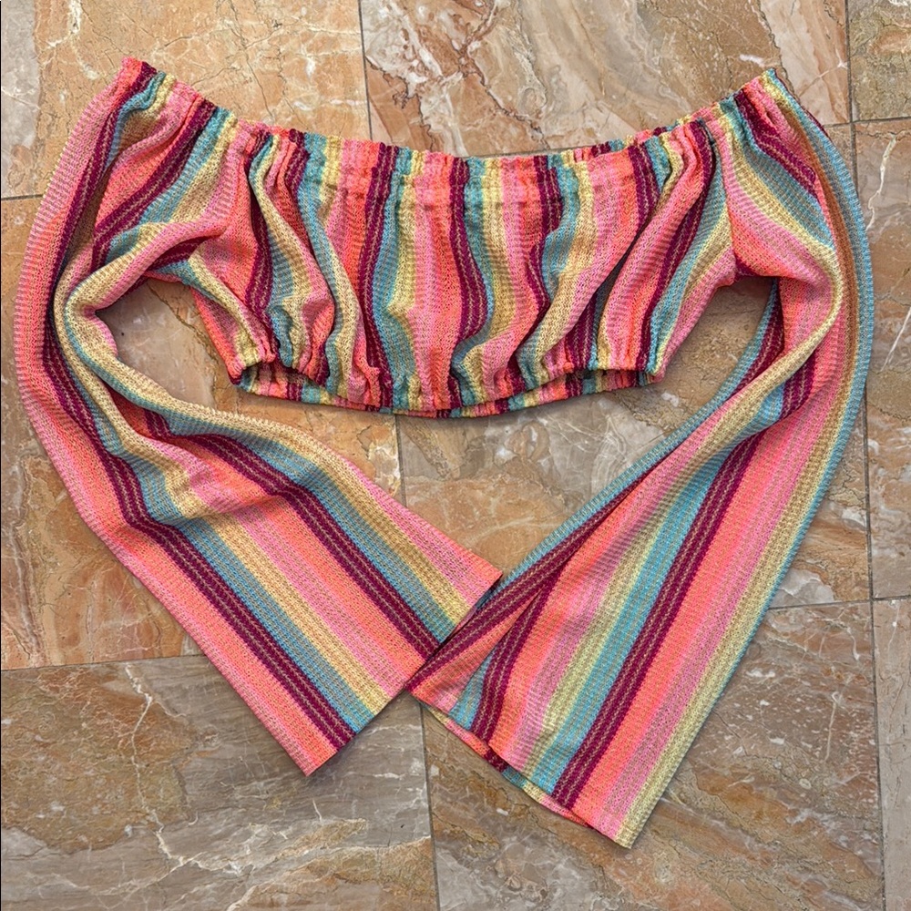 Luli Fama Bell Sleeve Striped Crop Cover Up